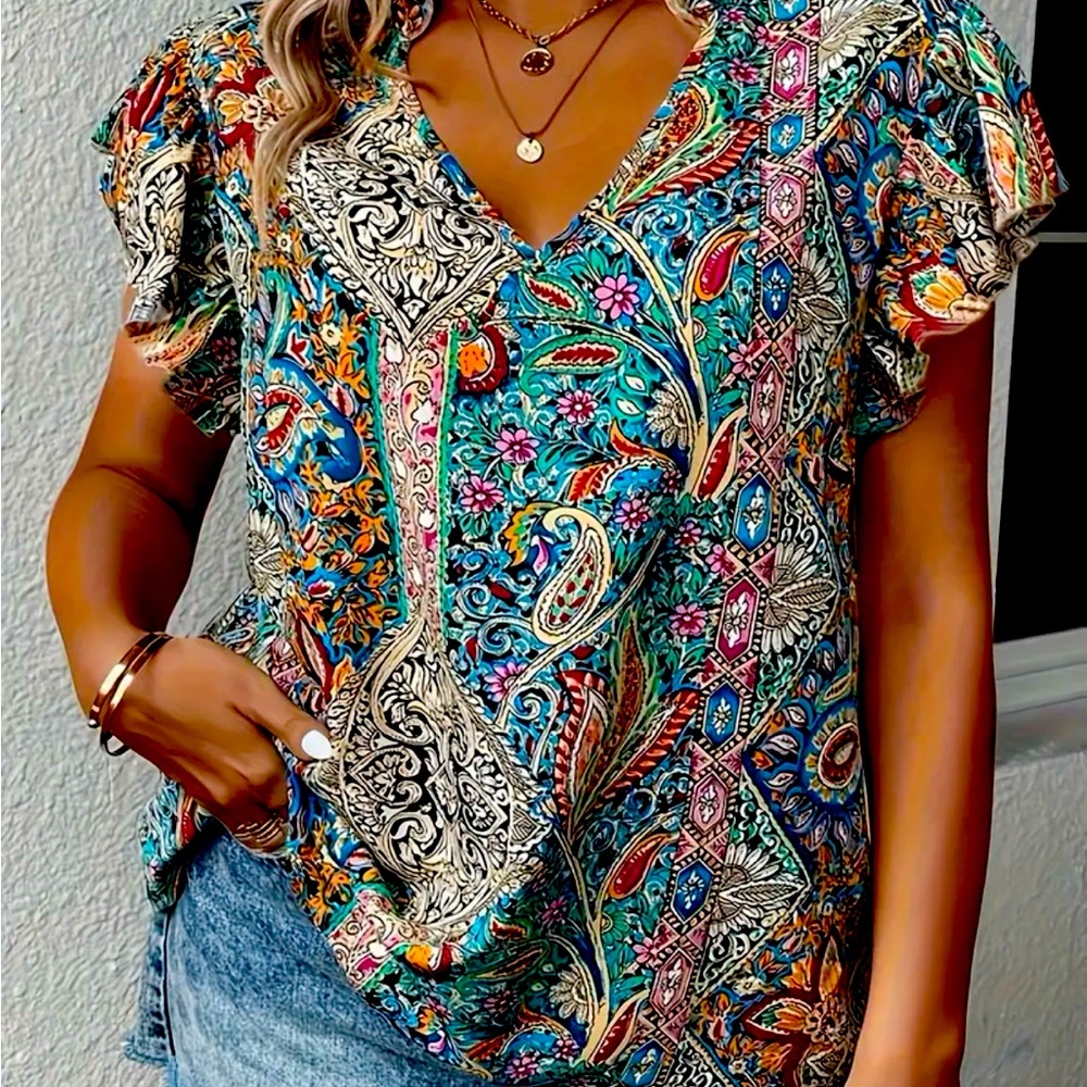 Ruffle sleeve floral & paisley print boho